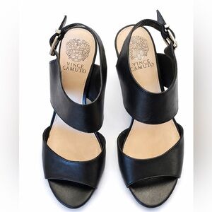 Vince Camuto Black Leather Block Heel Sandals Size 8M Ankle Strap